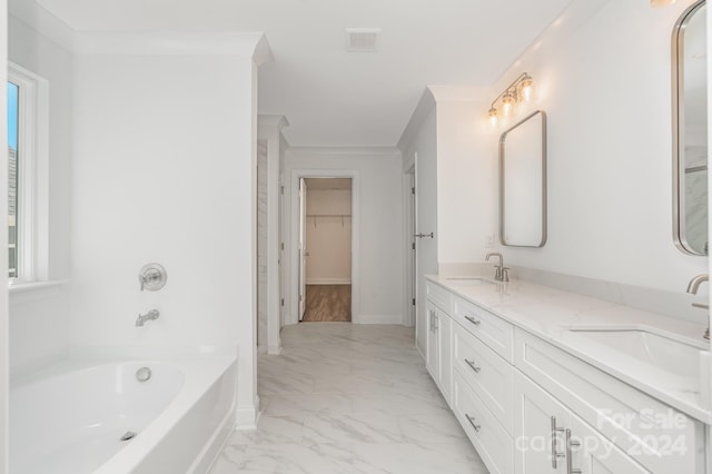 bathroom featuring a washtub, vanity, and ornamental molding