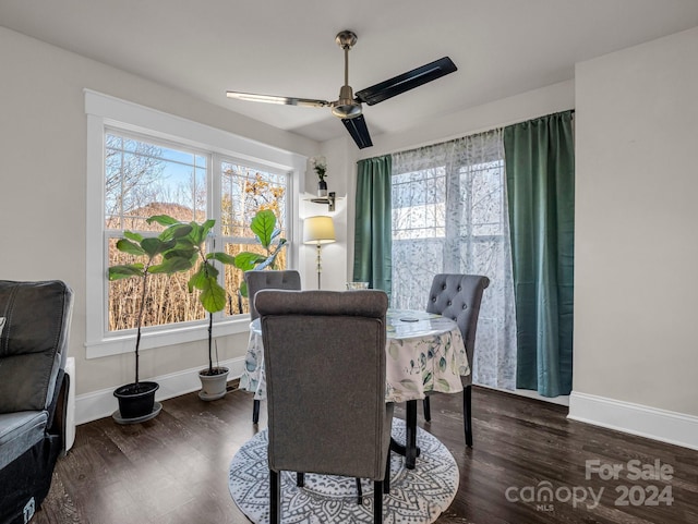 dining area featuring plenty of natural light, dark wood-type flooring, and ceiling fan