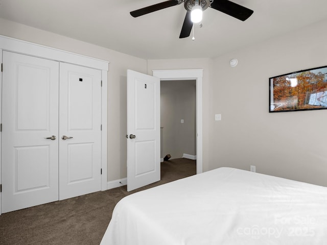 178 Flynn Ct, Lake Lure, NC 28746 - bedroom with baseboards, ceiling fan, a closet, and dark carpet