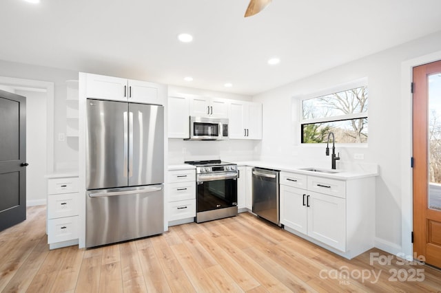 kitchen featuring white cabinetry, sink, stainless steel appliances, and light wood-type flooring