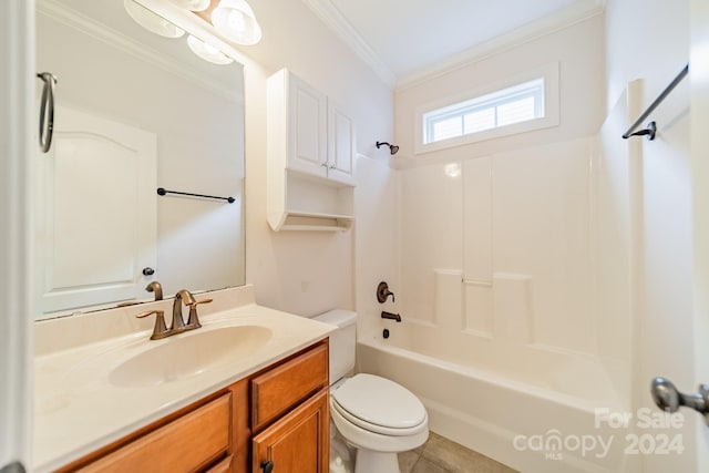 full bathroom featuring vanity,  shower combination, tile patterned floors, crown molding, and toilet