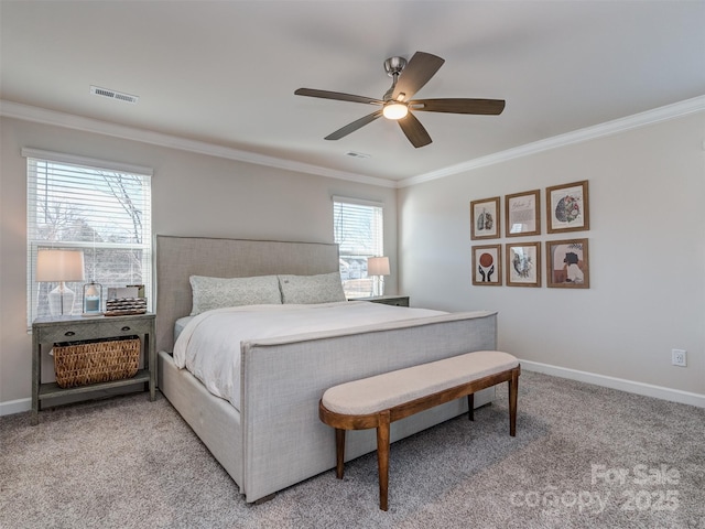 bedroom with multiple windows, ceiling fan, light carpet, and ornamental molding