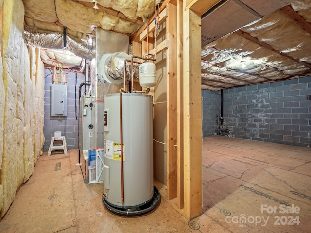 utility room with electric panel and water heater