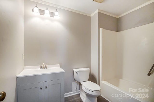 bathroom featuring hardwood / wood-style floors, vanity, toilet, and crown molding