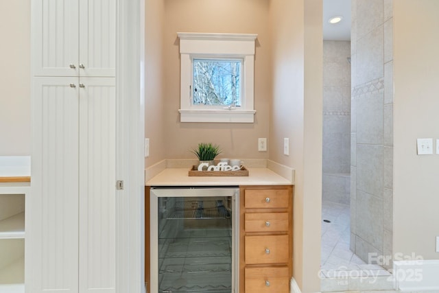 bathroom with beverage cooler