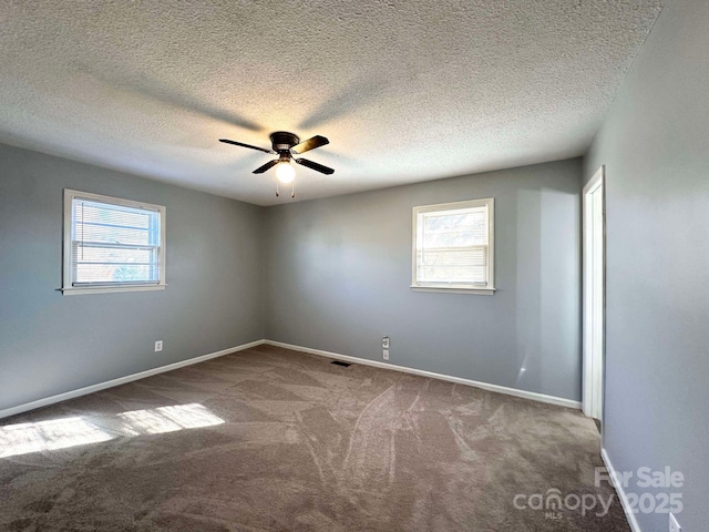 empty room with carpet flooring, a textured ceiling, and a wealth of natural light