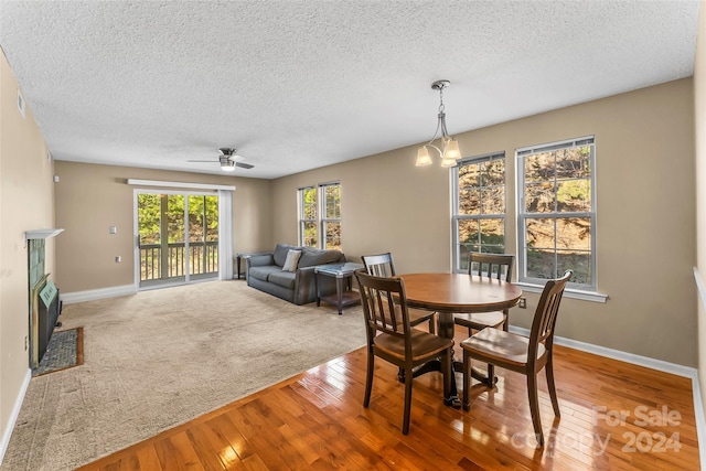 dining space featuring a textured ceiling, hardwood / wood-style floors, and ceiling fan with notable chandelier