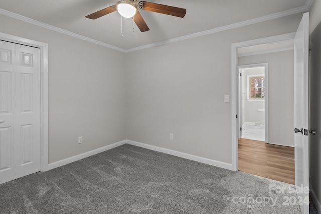 unfurnished bedroom featuring a closet, dark carpet, ceiling fan, and crown molding