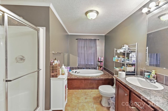 full bathroom featuring vanity, crown molding, tile patterned flooring, and plus walk in shower