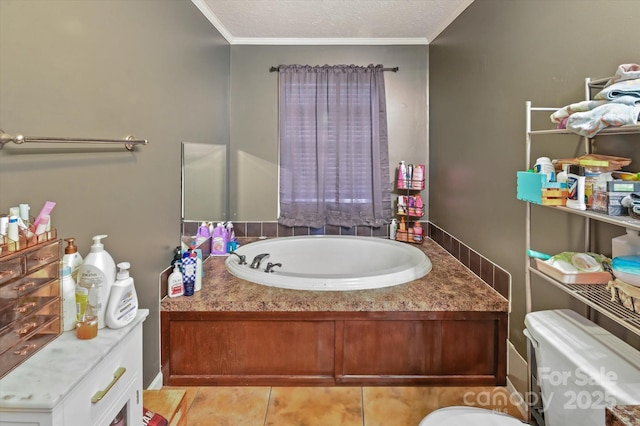 bathroom featuring a washtub, tile patterned flooring, crown molding, a textured ceiling, and toilet