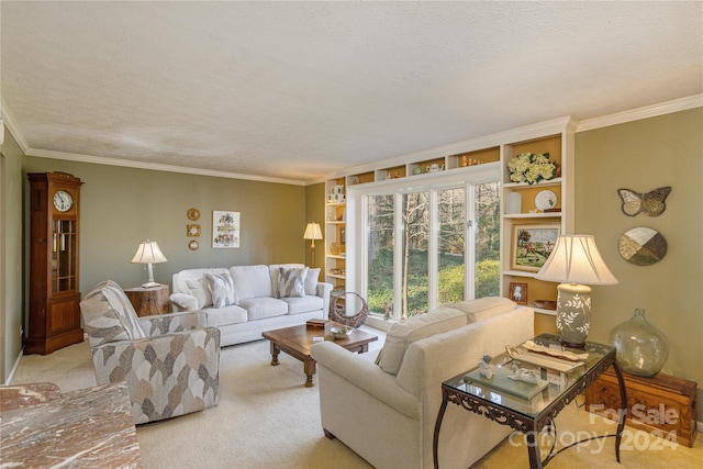 living room featuring crown molding, a textured ceiling, and light carpet