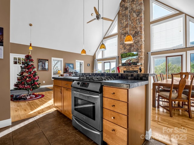 kitchen with high vaulted ceiling, a wealth of natural light, a fireplace, and stainless steel range