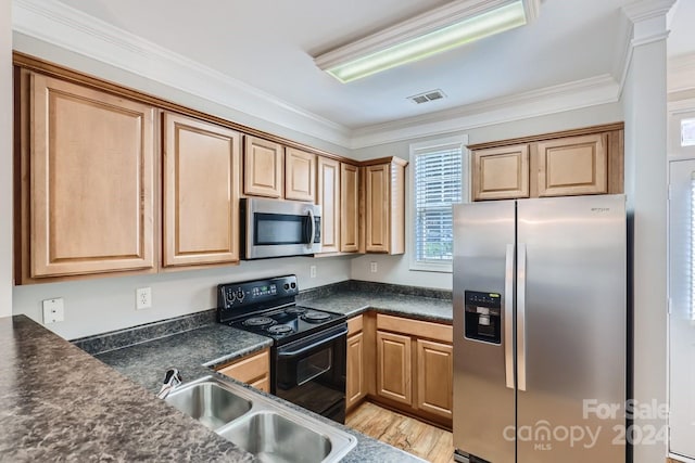 kitchen with light wood-type flooring, stainless steel appliances, ornamental molding, and sink