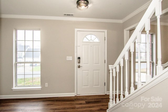 entryway featuring dark hardwood / wood-style flooring, crown molding, and plenty of natural light