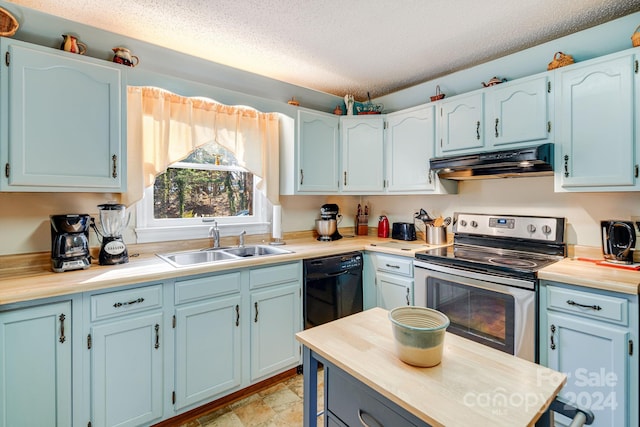 kitchen featuring a textured ceiling, dishwasher, stainless steel electric range oven, and sink