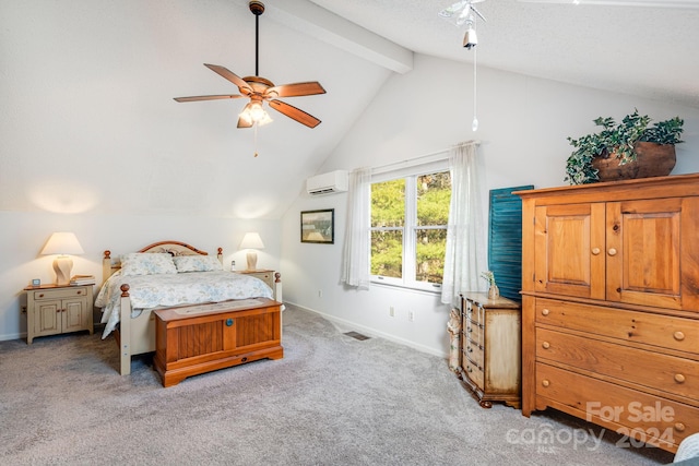 bedroom featuring ceiling fan, light colored carpet, lofted ceiling with beams, and a wall mounted air conditioner