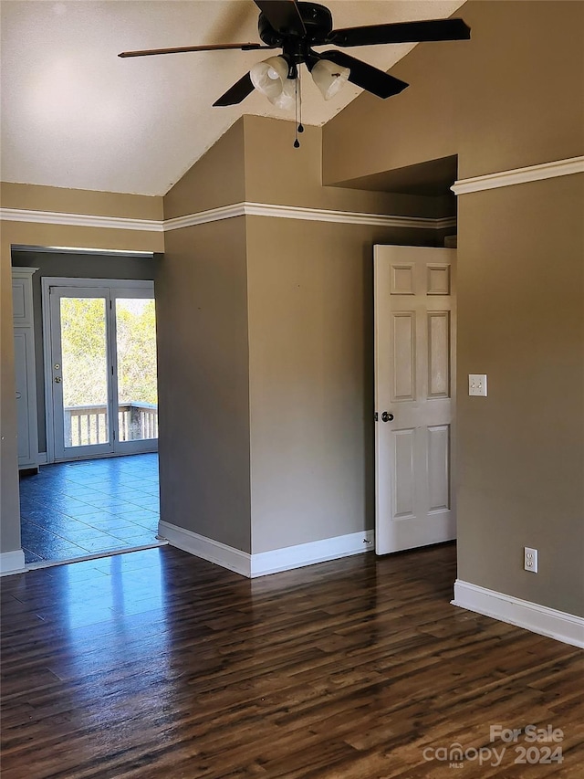 unfurnished room featuring ceiling fan, high vaulted ceiling, and dark wood-type flooring