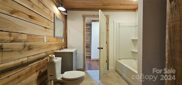 bathroom featuring tile patterned floors, vanity, wooden walls, wooden ceiling, and toilet