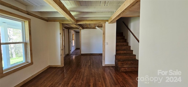 corridor featuring beam ceiling, dark hardwood / wood-style flooring, and wooden ceiling