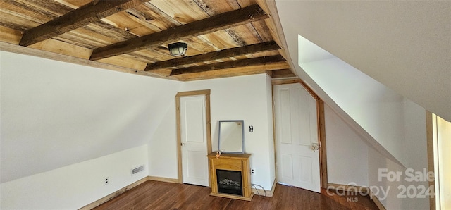 bonus room with vaulted ceiling with beams, dark hardwood / wood-style floors, and wooden ceiling