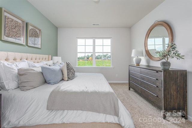 bedroom featuring light colored carpet and multiple windows