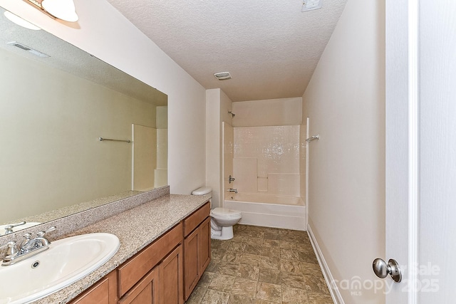 full bathroom featuring vanity, a textured ceiling, bathtub / shower combination, and toilet