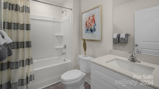 full bathroom with vanity, hardwood / wood-style floors, shower / bathtub combination with curtain, and toilet