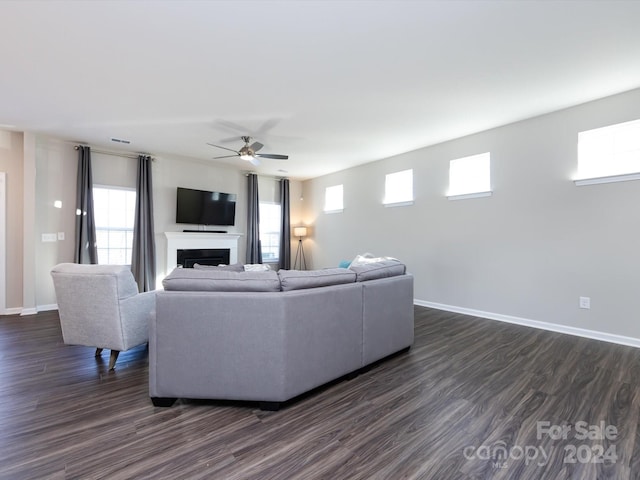 15533 Capps Rd, Charlotte, NC 28278 - living area featuring a ceiling fan, dark wood-type flooring, and plenty of natural light