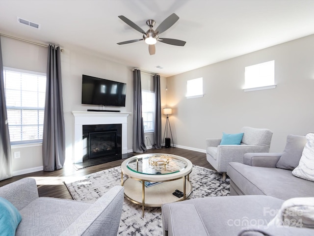 15533 Capps Rd, Charlotte, NC 28278 - living room with a ceiling fan, a glass covered fireplace, and wood finished floors