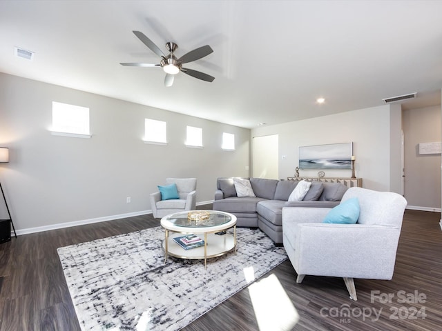 15533 Capps Rd, Charlotte, NC 28278 - living area featuring a ceiling fan, dark wood finished floors, and recessed lighting