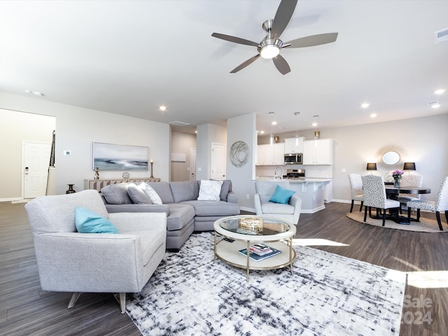15533 Capps Rd, Charlotte, NC 28278 - living room featuring dark wood-style floors, a ceiling fan, and recessed lighting