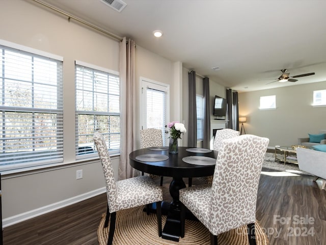 15533 Capps Rd, Charlotte, NC 28278 - dining space with dark wood finished floors and ceiling fan