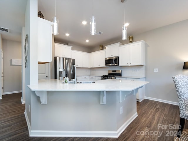15533 Capps Rd, Charlotte, NC 28278 - kitchen featuring stainless steel appliances, a peninsula, dark wood-type flooring, light countertops, and recessed lighting