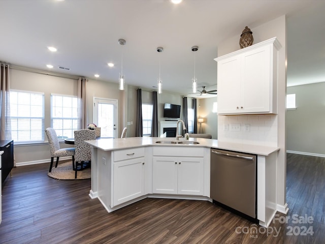 15533 Capps Rd, Charlotte, NC 28278 - kitchen featuring dishwasher, a peninsula, light countertops, dark wood-type flooring, and recessed lighting