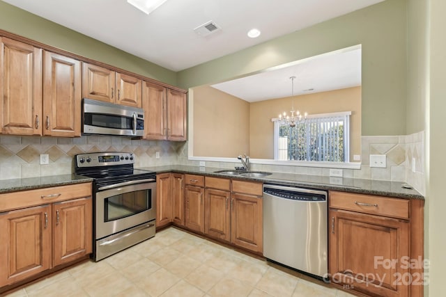 kitchen featuring tasteful backsplash, dark stone counters, sink, pendant lighting, and stainless steel appliances