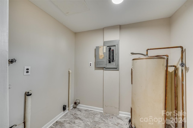 washroom with hookup for an electric dryer, washer hookup, electric panel, and gas water heater