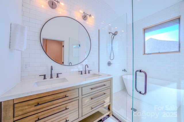 bathroom with backsplash, vanity, tile walls, and plus walk in shower