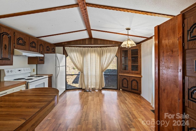 kitchen featuring a textured ceiling, white appliances, lofted ceiling with beams, light hardwood / wood-style flooring, and hanging light fixtures