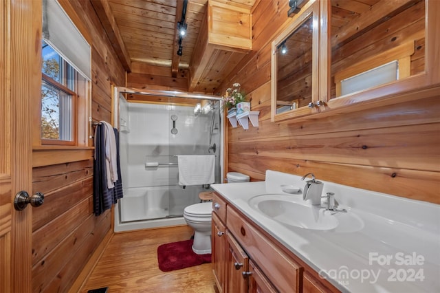 bathroom featuring wood walls, hardwood / wood-style floors, wood ceiling, and an enclosed shower