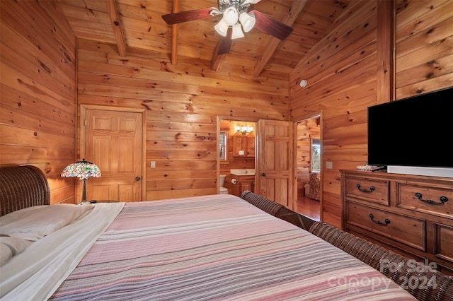 bedroom with ensuite bathroom, wood ceiling, ceiling fan, beam ceiling, and hardwood / wood-style flooring