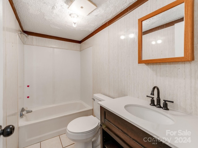 full bathroom featuring vanity, tile patterned flooring, toilet, a textured ceiling, and tub / shower combination