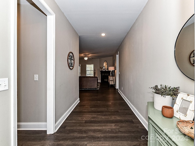 hallway with dark wood-type flooring