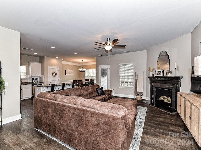 living room featuring ceiling fan with notable chandelier and dark hardwood / wood-style floors