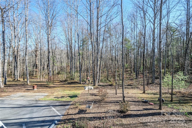 view of street featuring a forest view