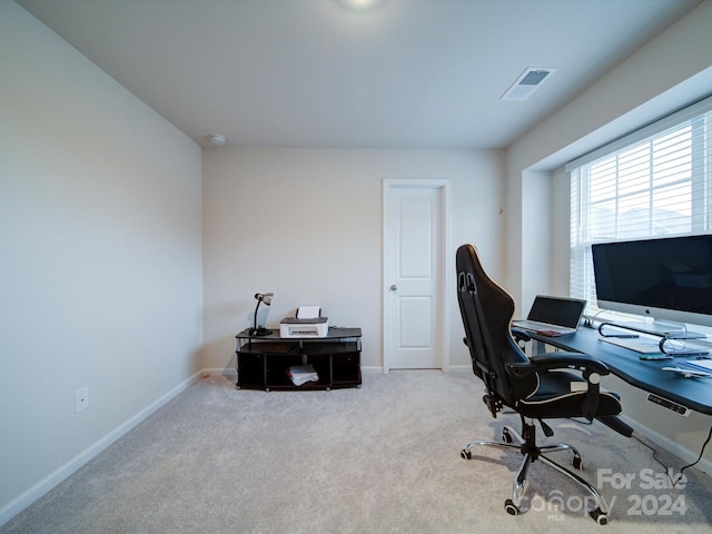 office area featuring light colored carpet