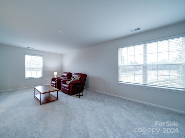 living room featuring light colored carpet