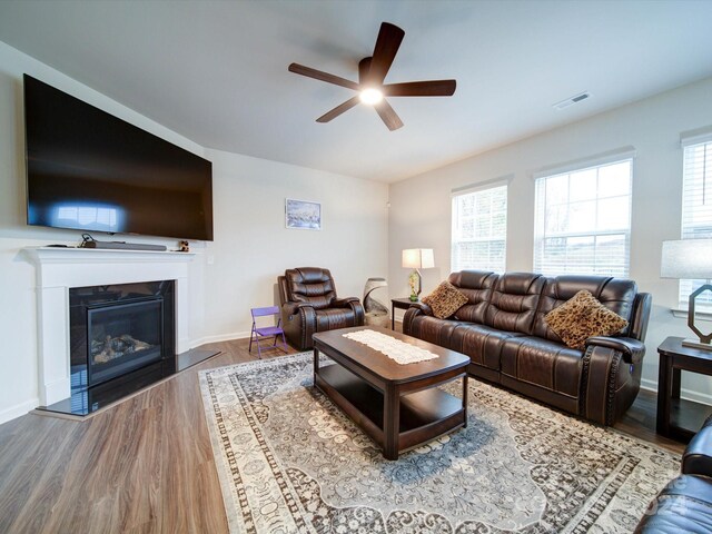 living room with ceiling fan and wood-type flooring