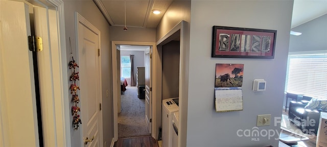 hall featuring carpet floors and independent washer and dryer