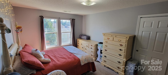 bedroom with carpet and a textured ceiling