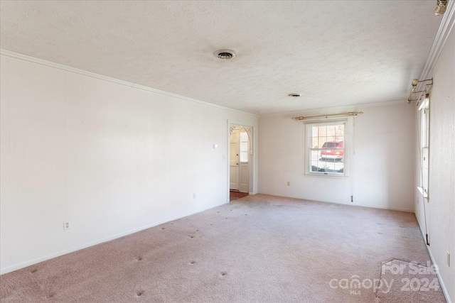 carpeted empty room featuring a textured ceiling and ornamental molding